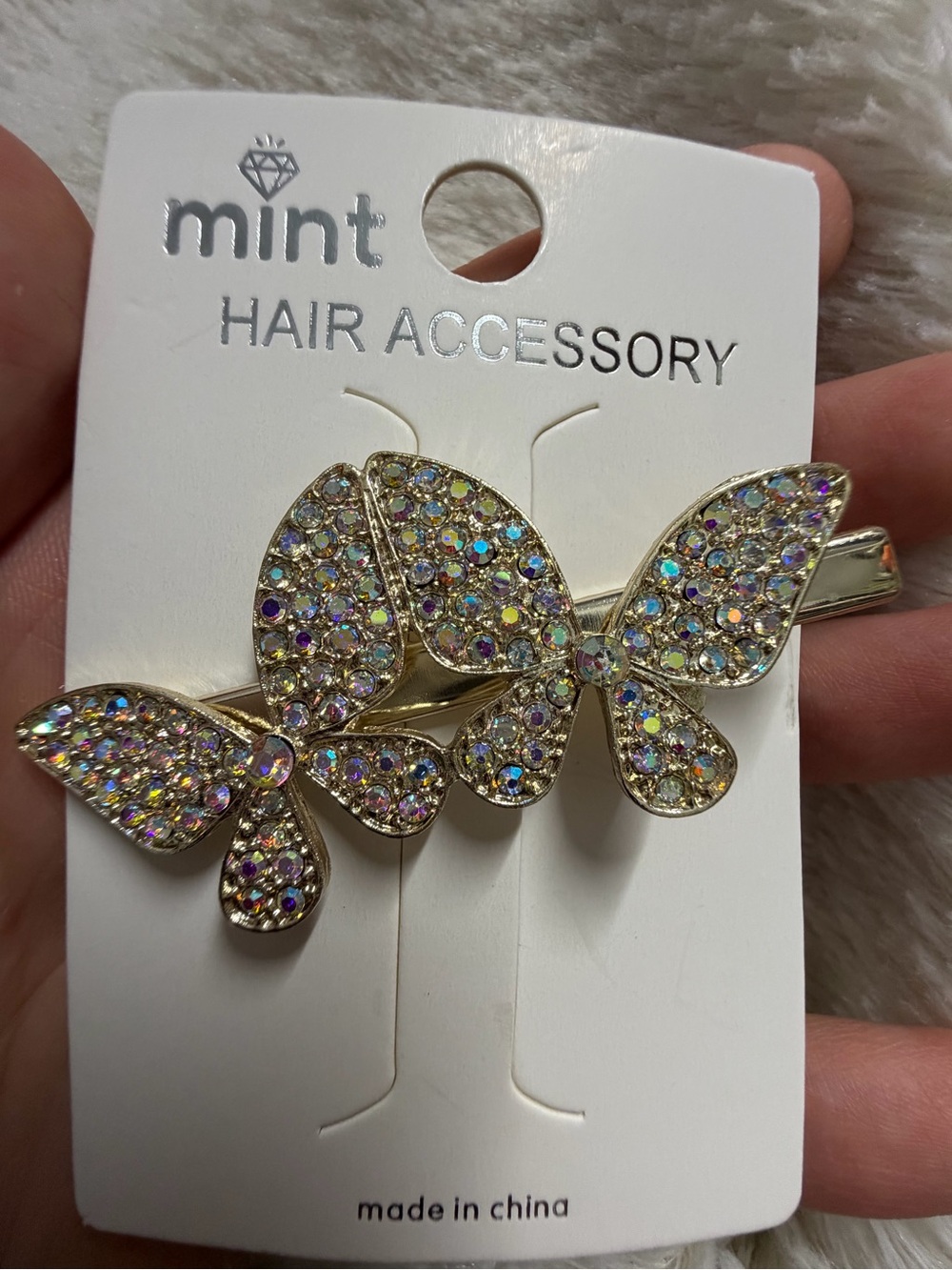 Mint Iridescent Crystal Butterfly Hair Clip - Goldtone